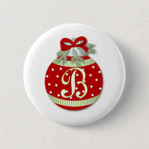 CHRISTMAS ORNAMENT INITIAL B 2 INCH ROUND BUTTON