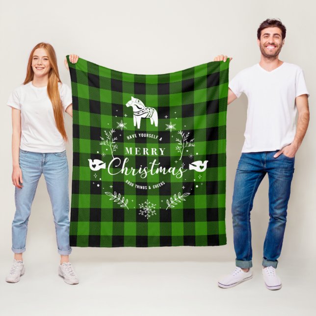 Christmas Ornament on black & green plaid pattern Fleece Blanket (In Situ)