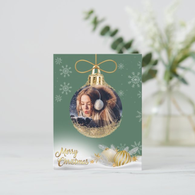 Christmas Ornament Photo Snowflakes Modern Budget Holiday Postcard (Standing Front)