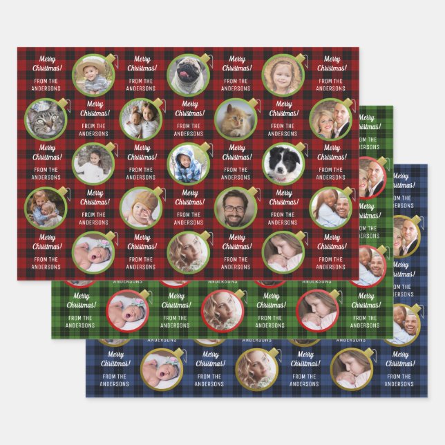 Christmas Ornament Plaid Custom Text Photo Collage Wrapping Paper Sheet (Set)