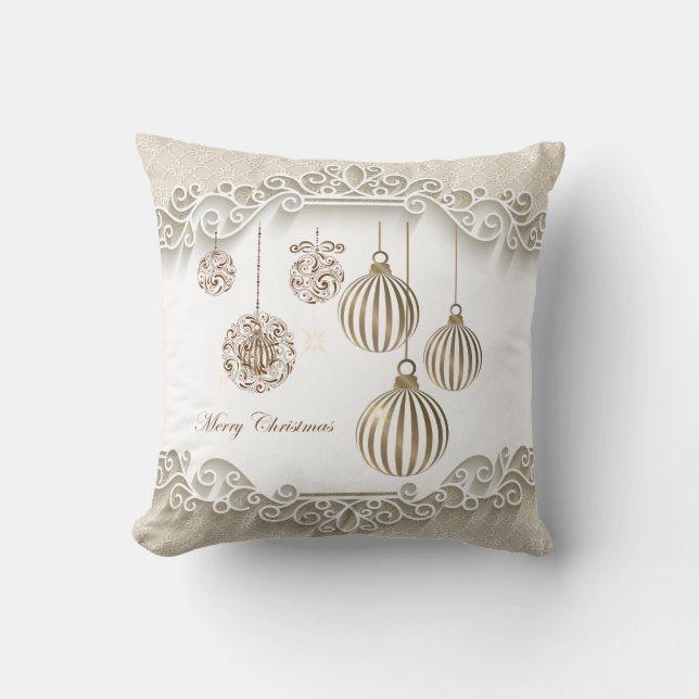 Christmas Ornament Taupe/Sparkle Throw Pillow (Front)