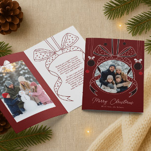 Christmas Ornament Unique Ribbon Bow Two Photos Card