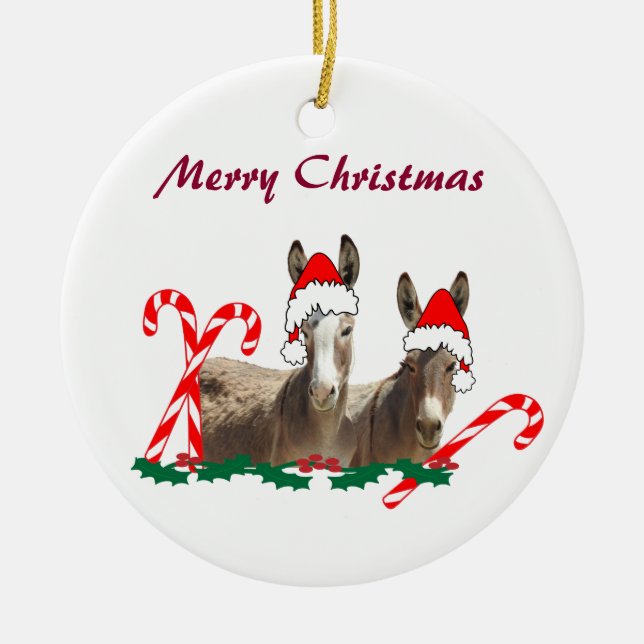 Christmas ornament, wildlife, donkeys ceramic ornament (Front)