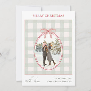 Christmas Ornament With Bow On Green Gingham Plaid Holiday Card