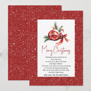 Christmas ornament with red bow and fir branches holiday card