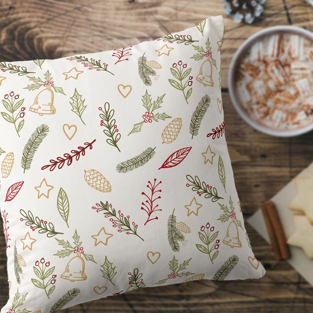Christmas Ornaments and Festive Greenery Pattern Throw Pillow (Creator Uploaded)