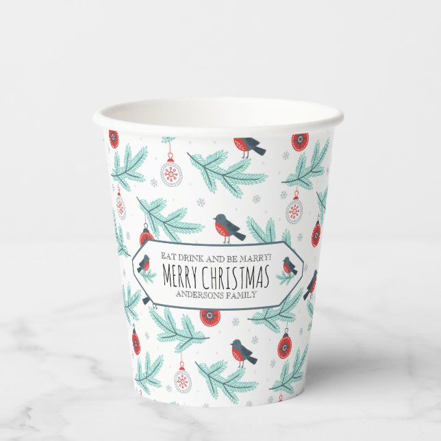 Christmas Ornaments & Bird Winter Pattern Paper Cups (Front)