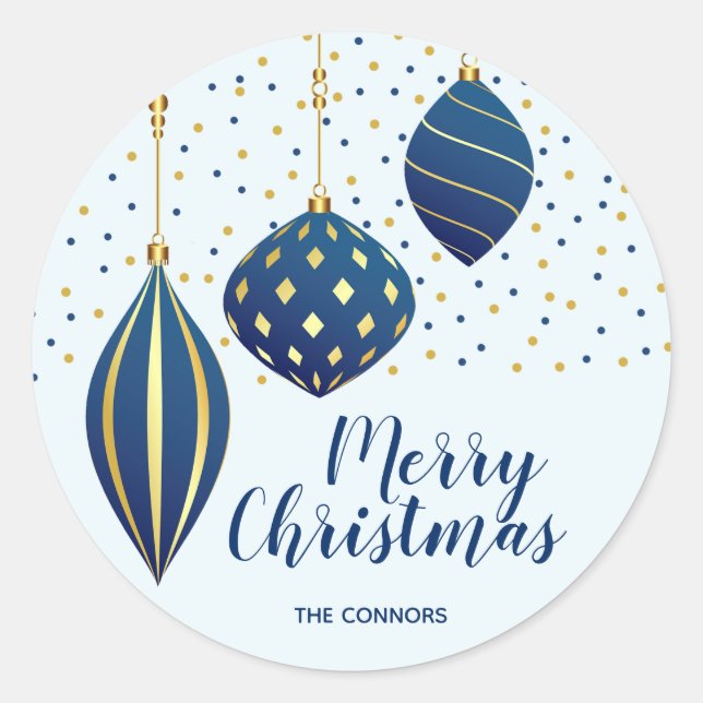 Christmas Ornaments Blue Gold Holiday Classic Round Sticker (Front)