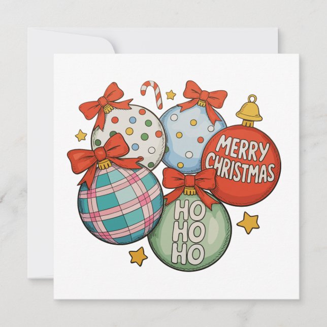 Christmas Ornaments Bow Merry Xmas Ho Snowman Holiday Card (Front)