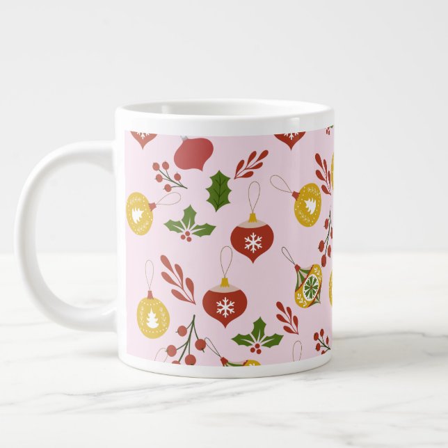 Christmas Ornaments Festive Greenery  Pink  Large Coffee Mug (Left)