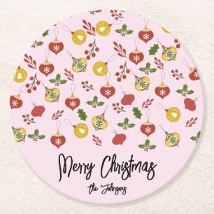 Christmas Ornaments Festive Greenery  Pink     Round Paper Coaster