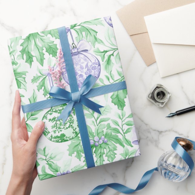 Christmas ornaments green purple toile  wrapping paper (Gifting)