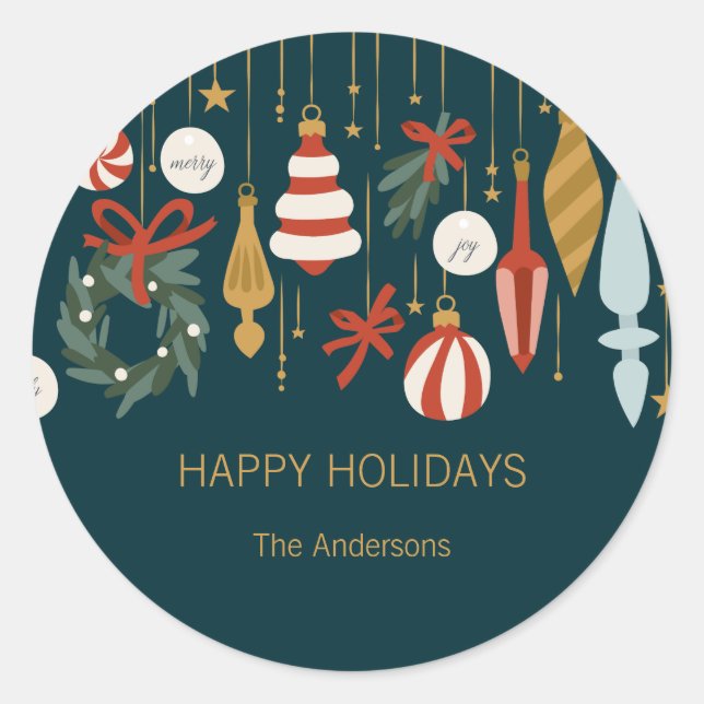 Christmas Ornaments Happy Holidays Classic Round Sticker (Front)