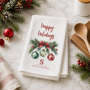 Christmas Ornaments Happy Holidays Monogram Name Kitchen Towel