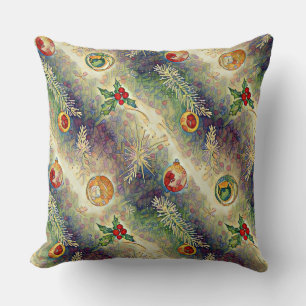 Christmas Ornaments & Holly Branches Pattern Throw Pillow