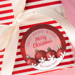 Christmas Ornaments Homemade Food Holiday Baking Classic Round Sticker<br><div class="desc">Create stickers to label your Christmas holiday homemade goods,  cookies,  candy,  treats,  party favours and more featuring red glitter ornaments and snowflakes with your message in chic lettering.</div>