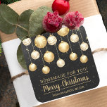 Christmas Ornaments Homemade Goods Holiday Baking Square Sticker<br><div class="desc">Create stickers to label your Christmas holiday homemade goods,  cookies,  candy,  treats,  party favors and more featuring elegant white and gold Christmas tree ornaments on a black background with your message in chic lettering.</div>