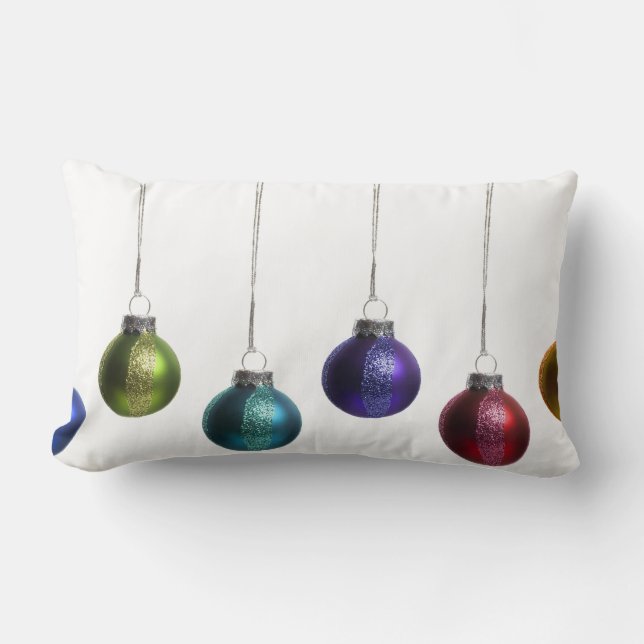 Christmas Ornaments in Teal Purple Red Green Gold Lumbar Pillow (Front)