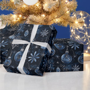 Christmas Ornaments Lights Floral Blue Christmas Wrapping Paper