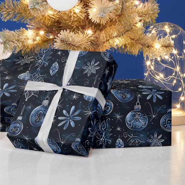 Christmas Ornaments Lights Floral Blue Christmas Wrapping Paper (Holidays)