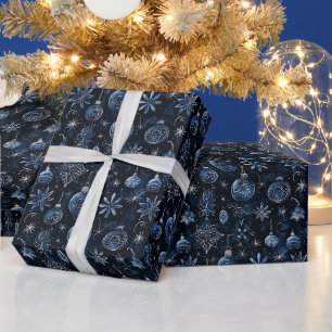 Christmas Ornaments Lights Floral Blue Christmas Wrapping Paper