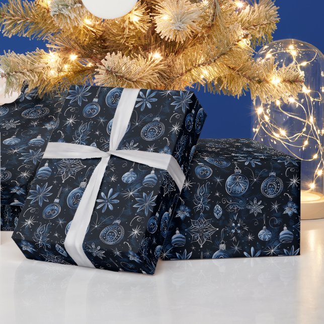 Christmas Ornaments Lights Floral Blue Christmas Wrapping Paper (Holidays)