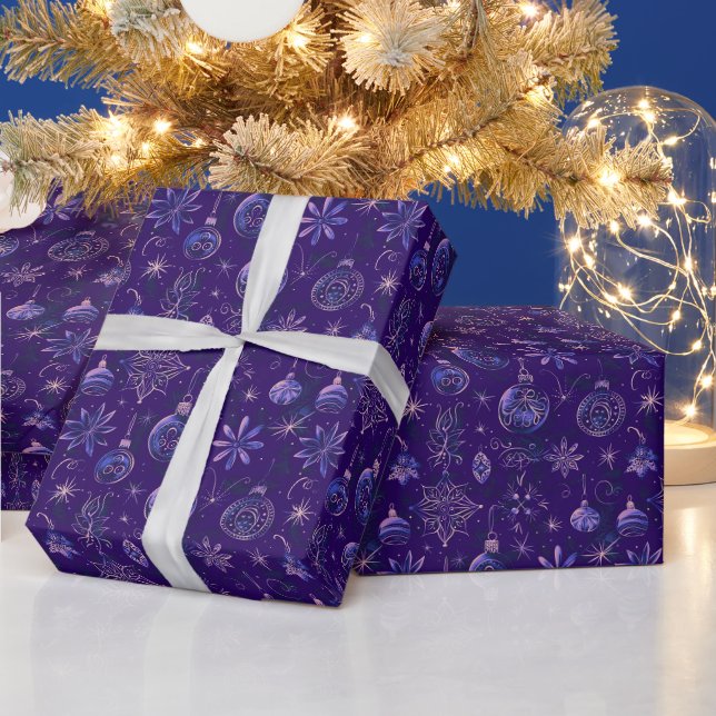 Christmas Ornaments Lights Floral Purple Christmas Wrapping Paper (Holidays)