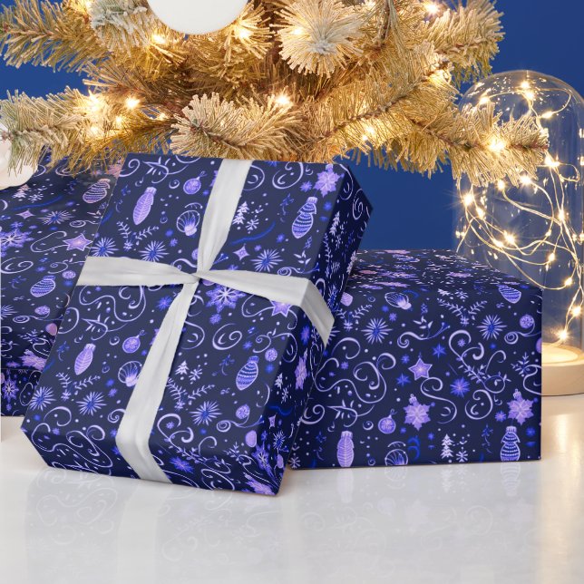 Christmas Ornaments Lights Floral Purple Christmas Wrapping Paper (Holidays)