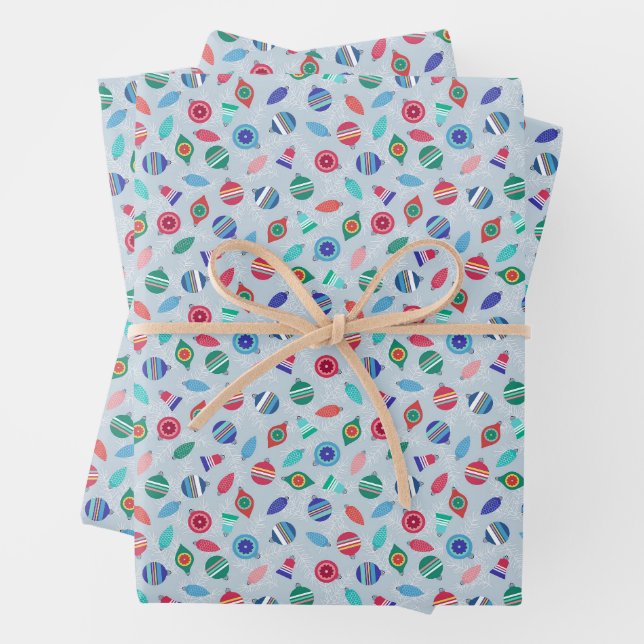 Christmas Ornaments Multicolor Retro Inspired Wrapping Paper Sheet (In situ)