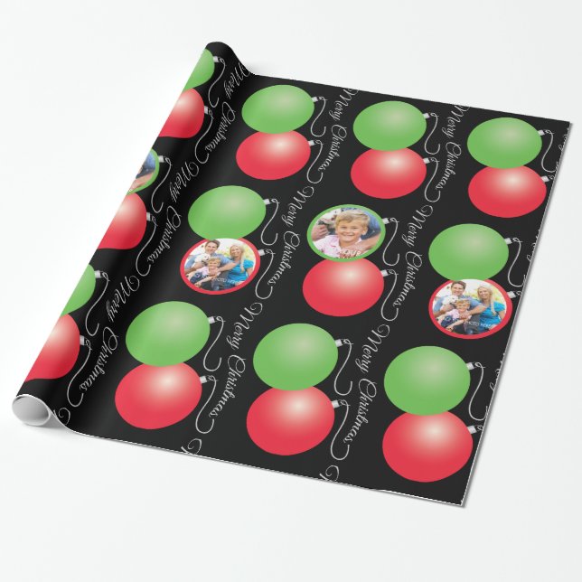 Christmas Ornaments on Black & 5 Photo Frames Wrapping Paper (Unrolled)