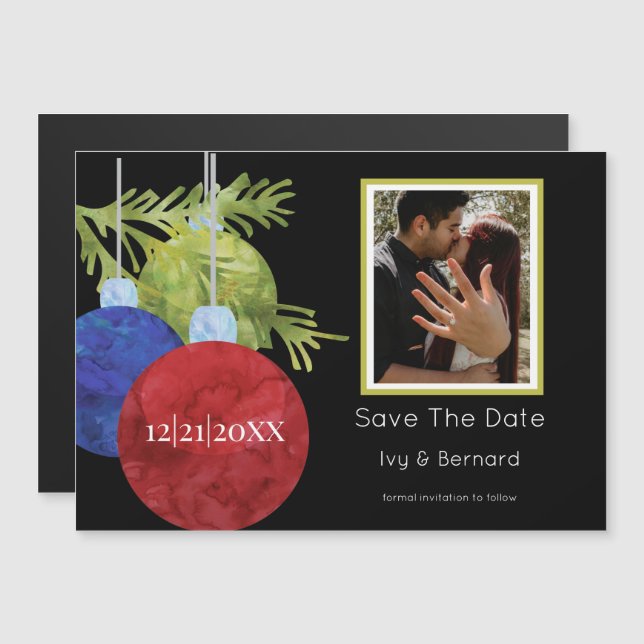 Christmas Ornaments on Black Photo Save the Date Magnetic Invitation (Front/Back)