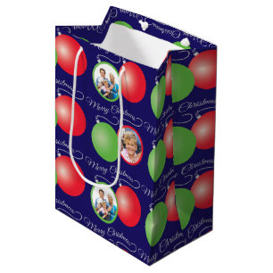 Christmas Ornaments on Blue & 6 Photo Frames Medium Gift Bag