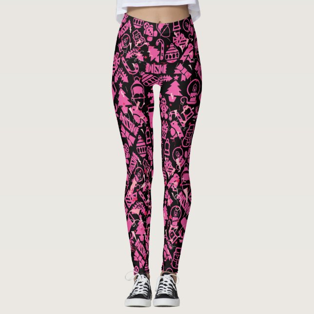 Christmas ornaments pattern.pink.07 Black BG Leggings (Front)