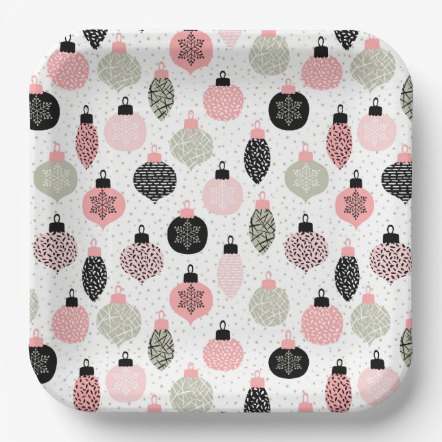 Christmas Ornaments Pink & Green White Background Paper Plate (Front)