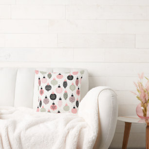 Christmas Ornaments Pink & Green White Background Throw Pillow