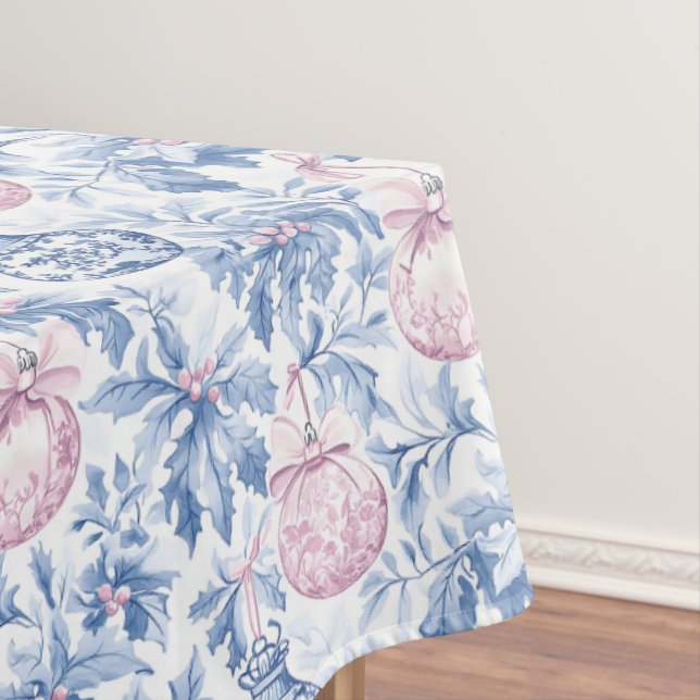 Christmas ornaments soft blue pink toile paper tablecloth (In Situ)