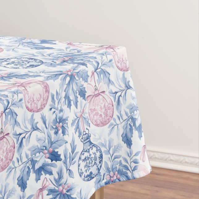 Christmas ornaments soft blue pink toile paper tablecloth (In Situ)