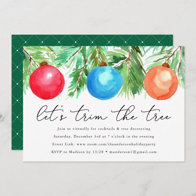Christmas Ornaments Tree Trimming Virtual Party Invitation (Front/Back)
