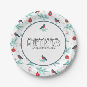 Christmas Ornaments Winter Foliage & Birds Pattern Paper Plate