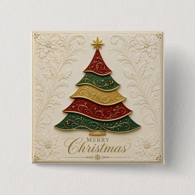 Christmas Ornate Gold Enamel Tree 2 Inch Square Button (Front)