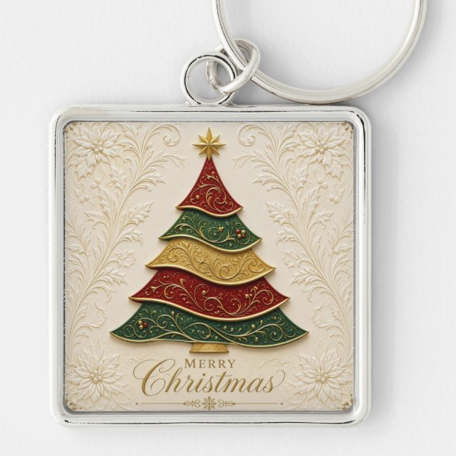 Christmas Ornate Gold Enamel Tree Keychain (Front)
