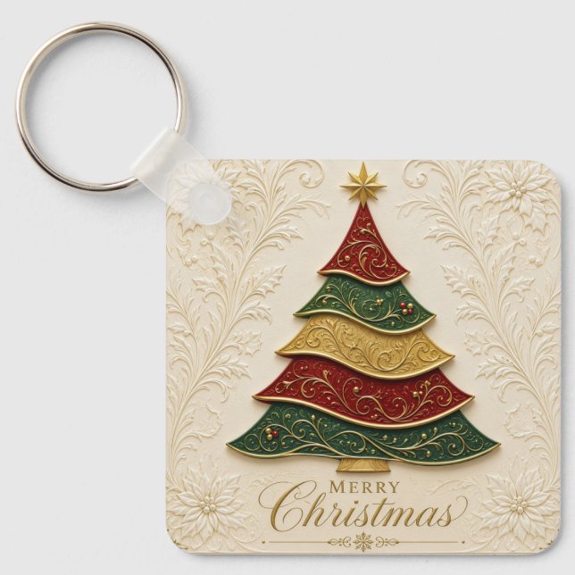 Christmas Ornate Gold Enamel Tree Keychain (Front)