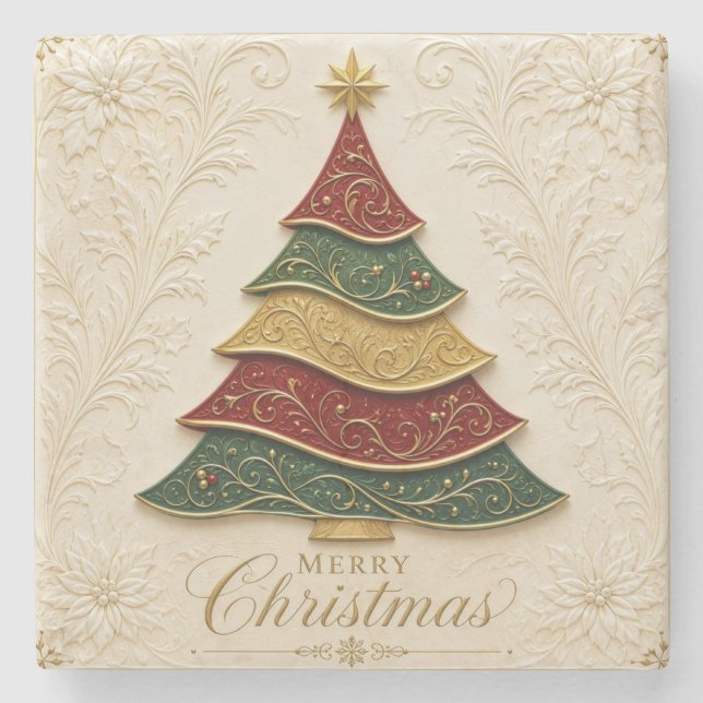 Christmas Ornate Gold Enamel Tree Stone Coaster (Front)