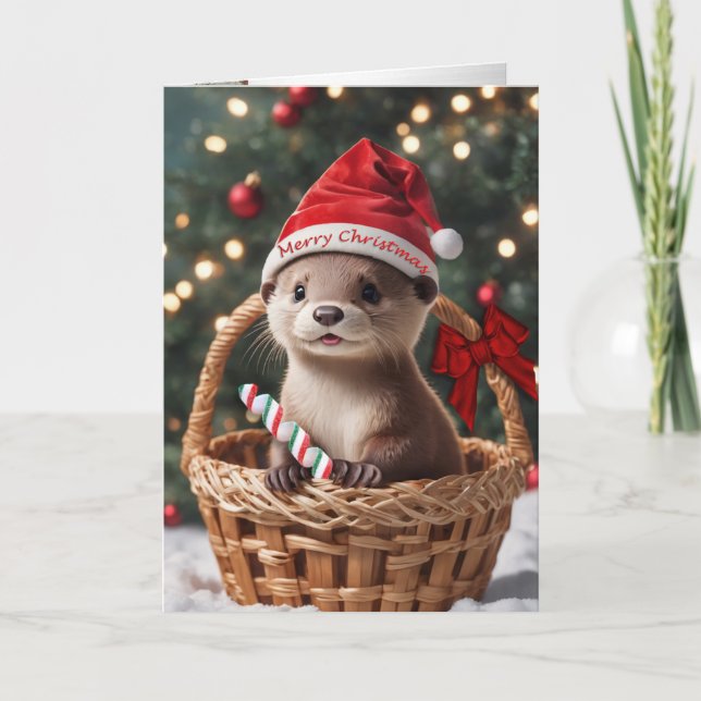 Christmas otter baby in a basket holiday card (Front)