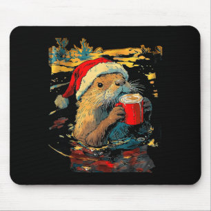 Christmas Otter Drinks Coffee Art Print  Mouse Pad