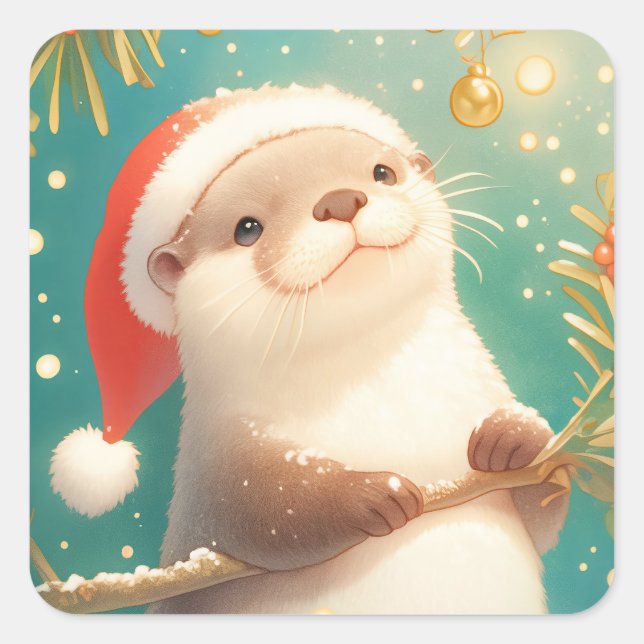 Christmas Otter in Santa Hat with Holly Berries Square Sticker (Front)