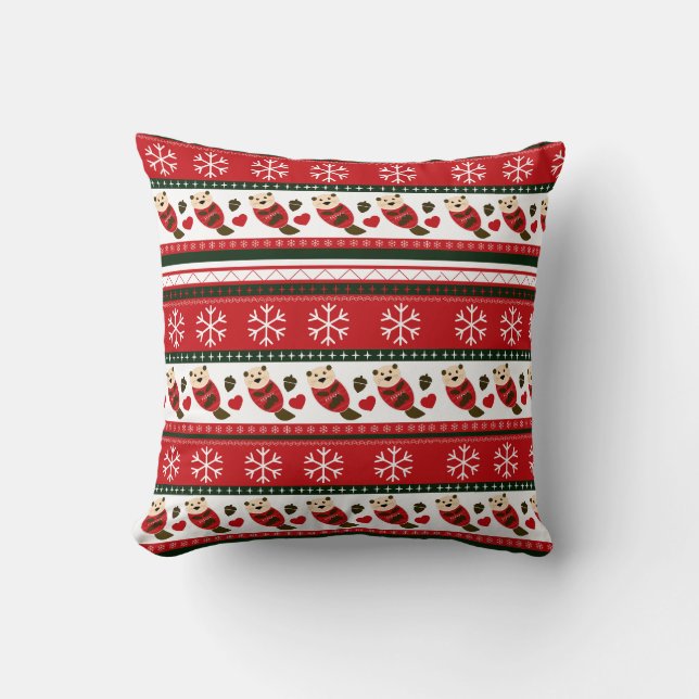 Christmas Otter Ugly Sweater Pattern Throw Pillow (Front)