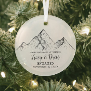 Christmas Outdoor Mountain Snow Couple Engagement Glass Ornament