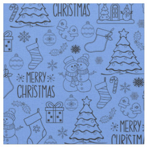 Christmas Outlines on Cornflower Blue Fabric