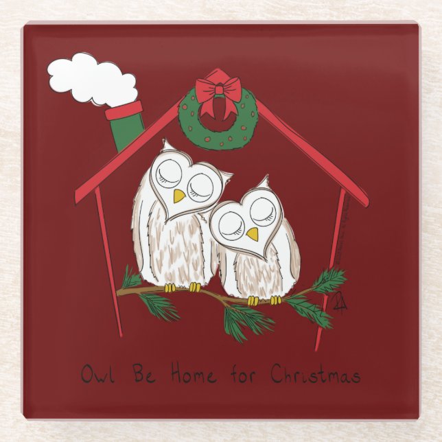 Christmas Owl Be Home Cute Glass Coaster (Front)